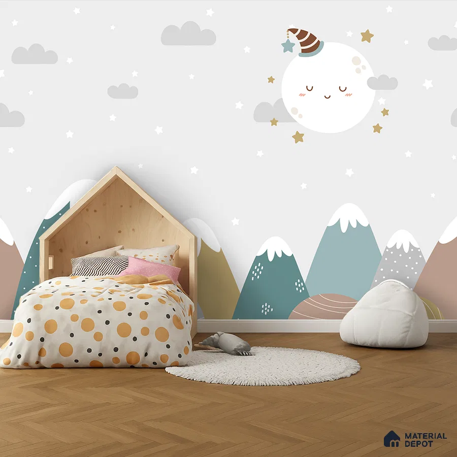 Scandinavian kids room with playful mountain mural wallpaper and light wood bed in Bengaluru