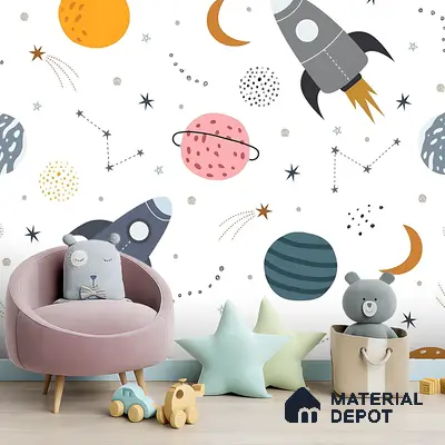Scandinavian kids room with playful space-themed wallpaper and light wood flooring in Bengaluru