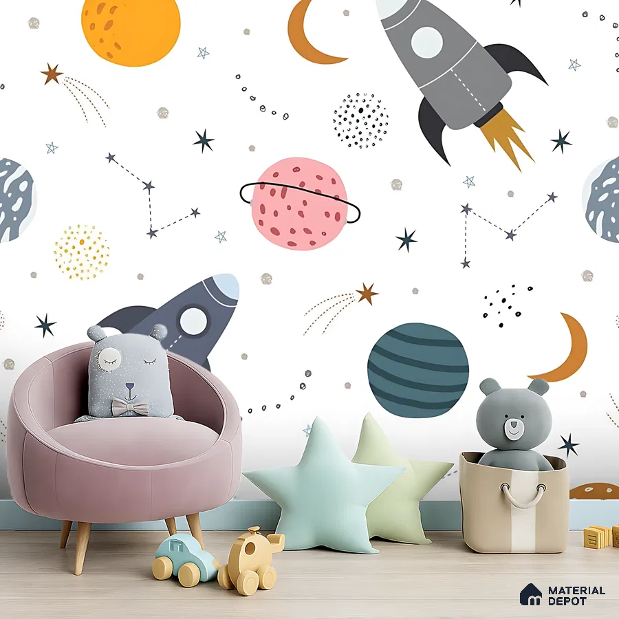Scandinavian kids room with playful space-themed wallpaper and light wood flooring in Bengaluru