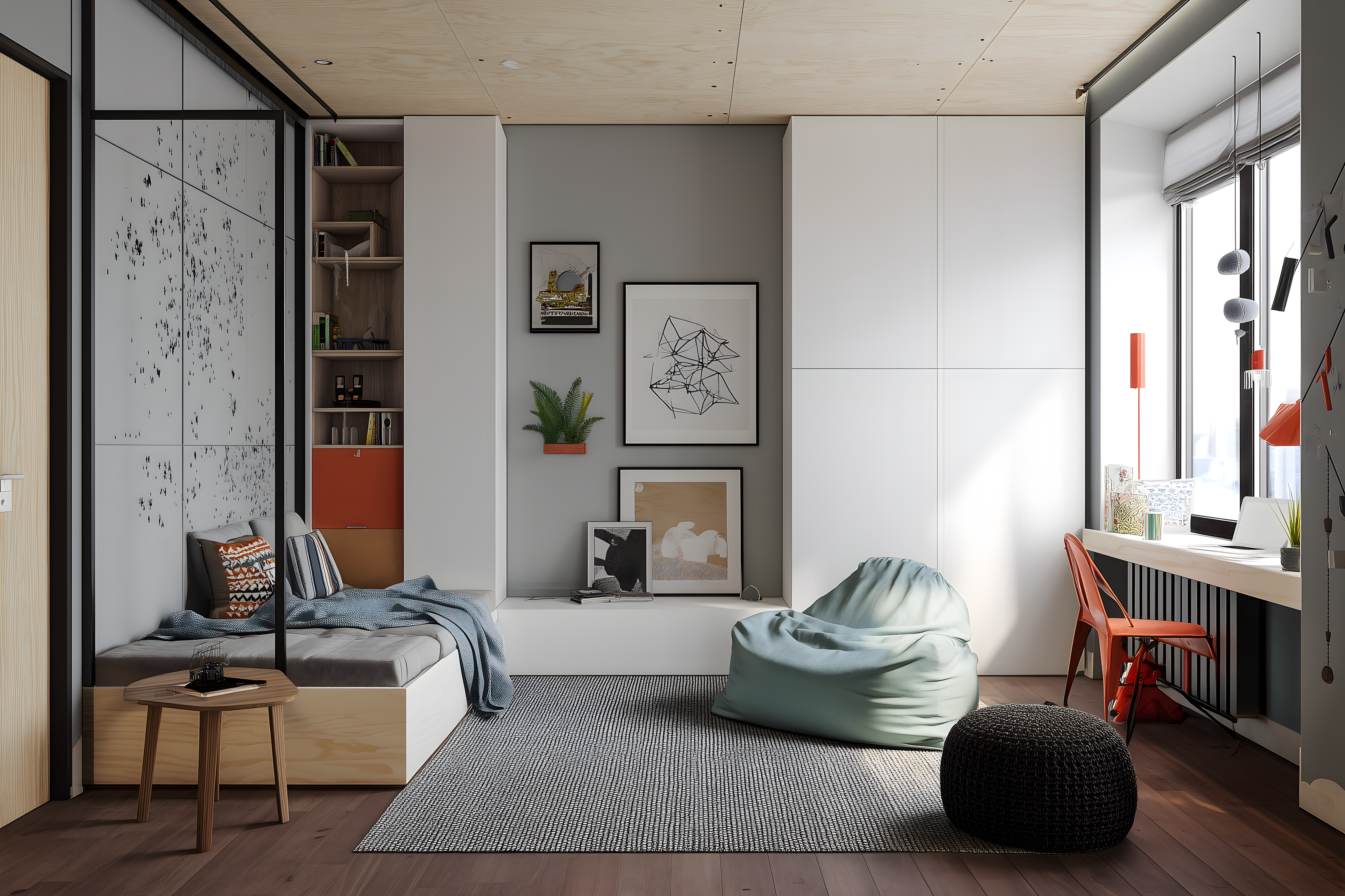 Scandinavian Kids Room With Plywood Ceiling White Laminates & Cosy Study Nook 58940Df245 | Material Depot