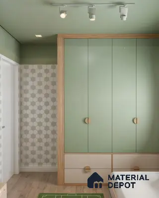 Scandinavian kids room with sage green and beige laminate wardrobe, hexagonal wall tiles, and light wood flooring | Material Depot