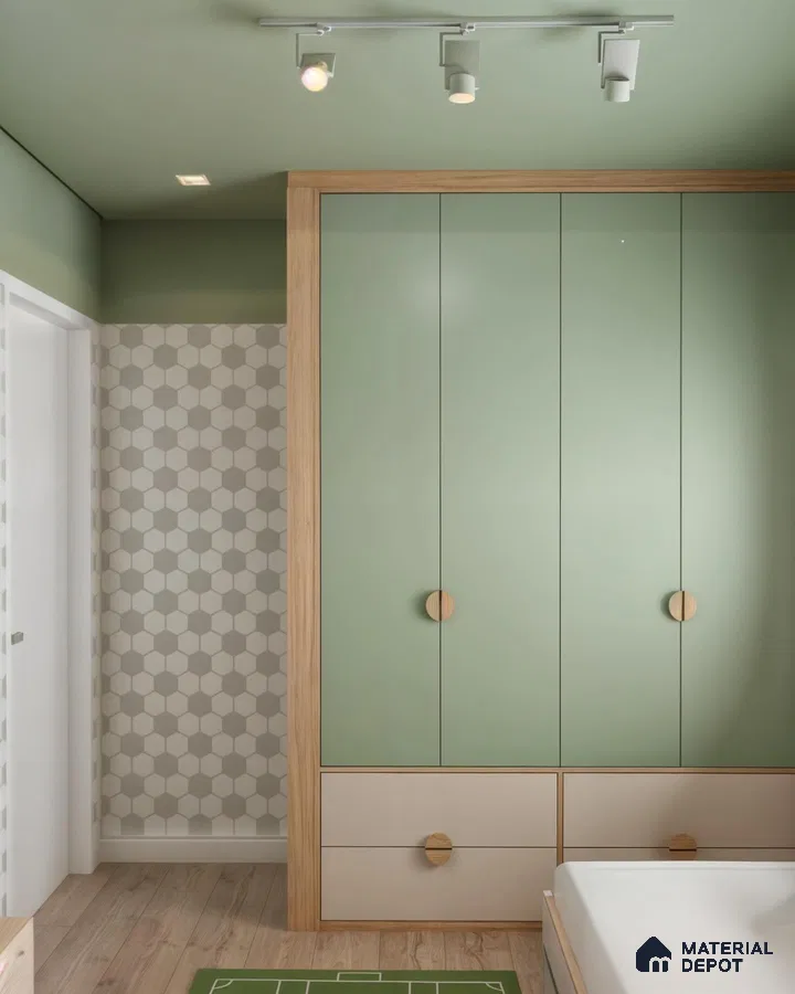 Scandinavian kids room with sage green and beige laminate wardrobe, hexagonal wall tiles, and light wood flooring | Material Depot