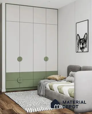 Scandinavian kids room with sage green and white laminate wardrobe, grey upholstered bed, and wooden flooring | Material Depot