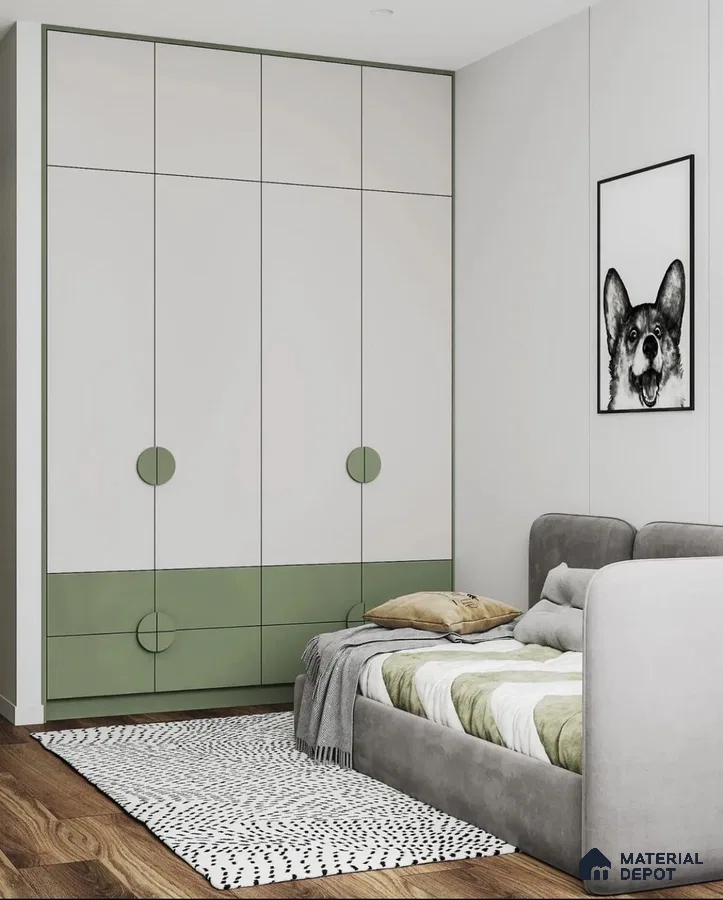 Scandinavian kids room with sage green and white laminate wardrobe, grey upholstered bed, and wooden flooring | Material Depot