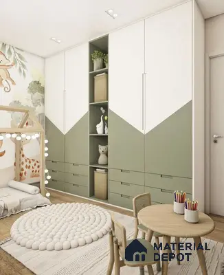 Scandinavian kids room with sage green and white laminate wardrobe, wooden flooring, and animal wallpaper | Material Depot