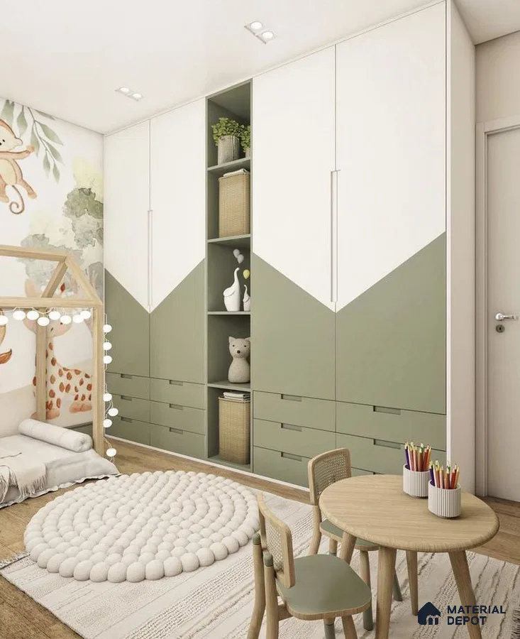 Scandinavian kids room with sage green and white laminate wardrobe, wooden flooring, and animal wallpaper | Material Depot