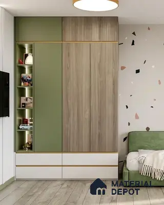 Scandinavian kids room with sage green and wood laminate wardrobe, terrazzo accent wall, and light wood flooring | Material Depot