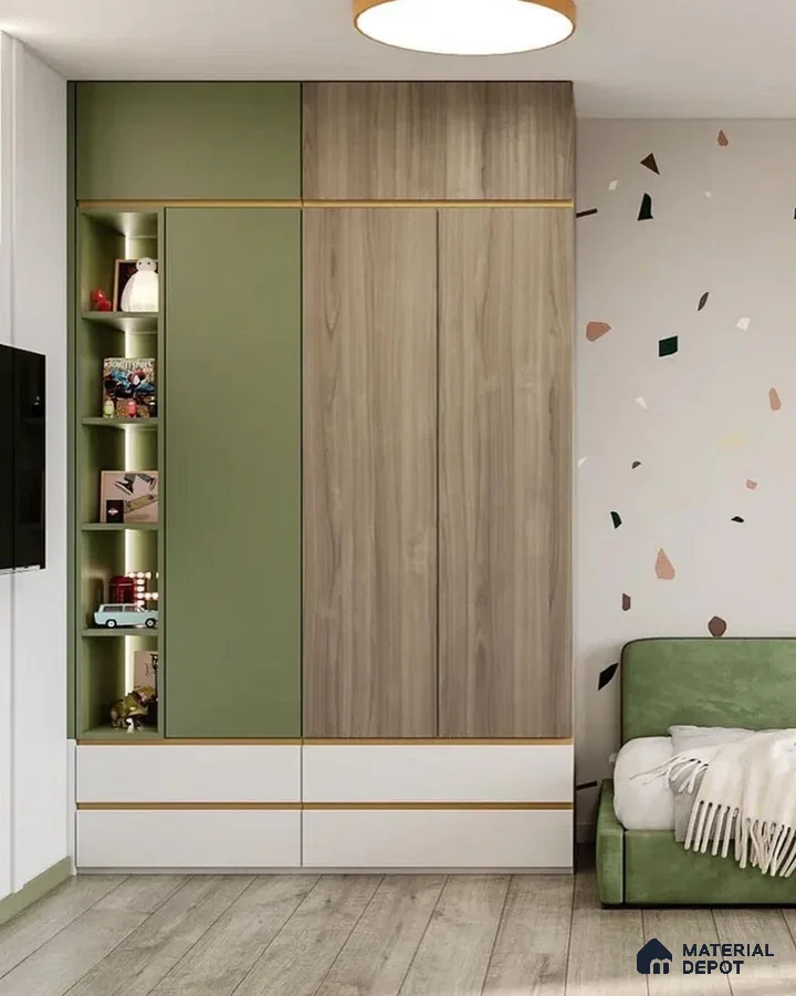 Scandinavian kids room with sage green and wood laminate wardrobe, terrazzo accent wall, and light wood flooring | Material Depot