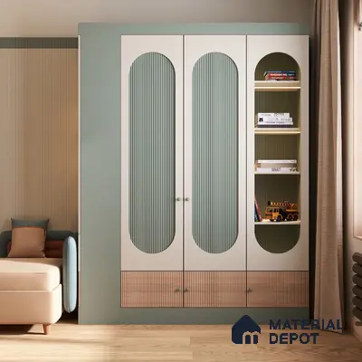 Scandinavian kids room with sage green fluted laminate wardrobe and light wood flooring | Material Depot