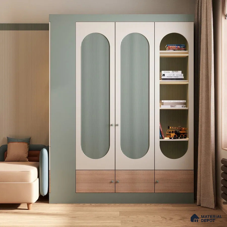 Scandinavian kids room with sage green fluted laminate wardrobe and light wood flooring | Material Depot