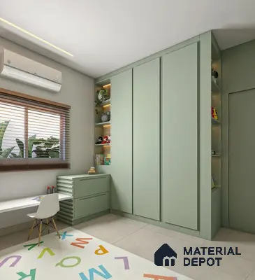 Scandinavian kids room with sage green laminate wardrobe and study, large format beige floor tiles | Material Depot