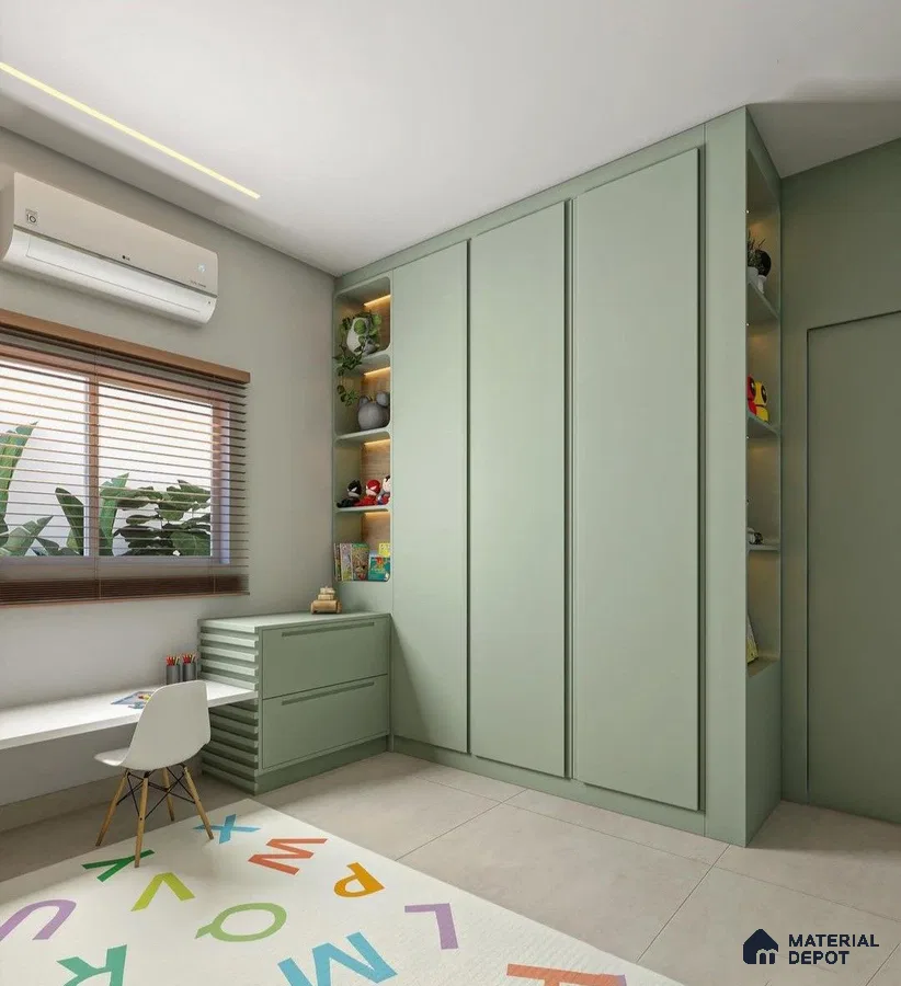Scandinavian kids room with sage green laminate wardrobe and study, large format beige floor tiles | Material Depot