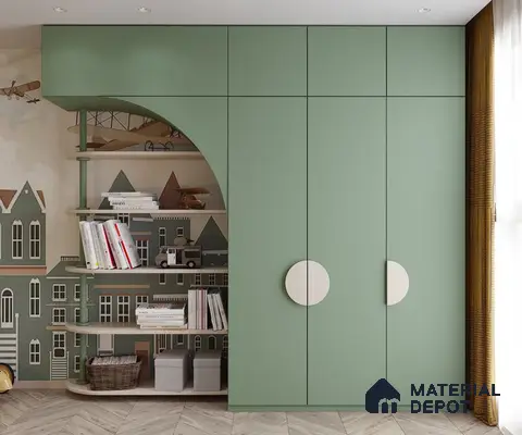 Scandinavian kids room with sage green laminate wardrobe, open shelving, and chevron wood floor | Material Depot