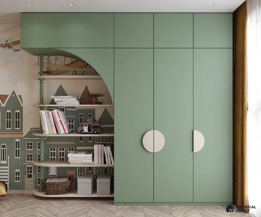 Scandinavian kids room with sage green laminate wardrobe, open shelving, and chevron wood floor | Material Depot