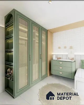 Scandinavian kids room with sage green wardrobe, cane shutters, and light wood accents | Material Depot
