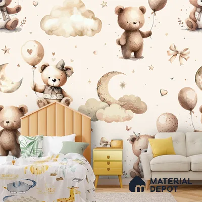 Scandinavian kids room with teddy bear patterned wallpaper and pastel yellow furniture in Bengaluru