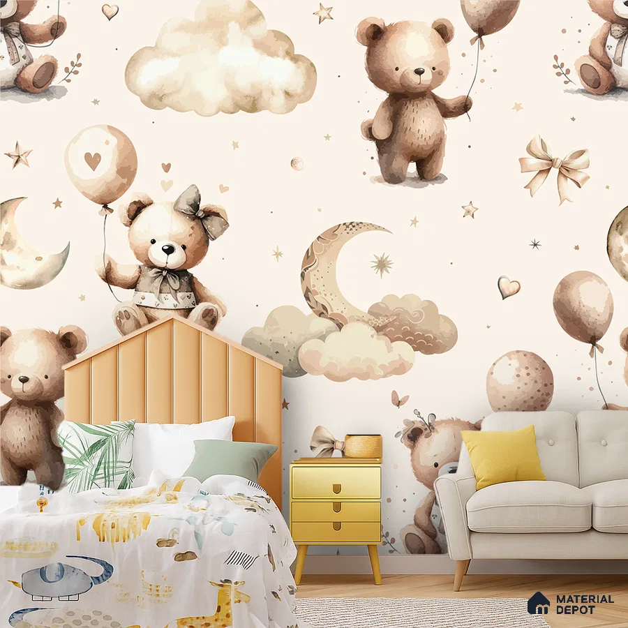 Scandinavian kids room with teddy bear patterned wallpaper and pastel yellow furniture in Bengaluru