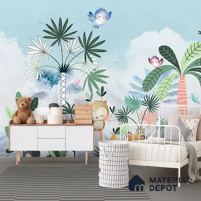 Scandinavian kids room with tropical animal wallpaper and white metal bed in Bengaluru