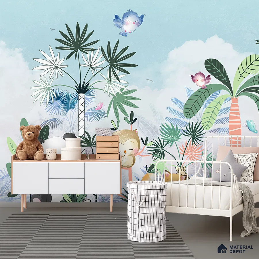 Scandinavian kids room with tropical animal wallpaper and white metal bed in Bengaluru