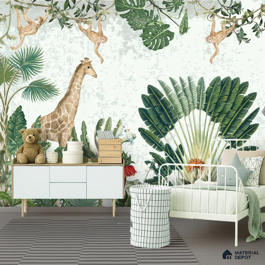 Scandinavian kids room with tropical animal wallpaper and white metal bed in Bengaluru