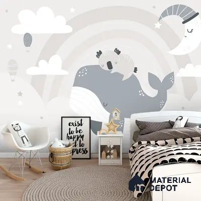 Scandinavian kids room with whimsical animal wallpaper and light wood flooring in Bengaluru