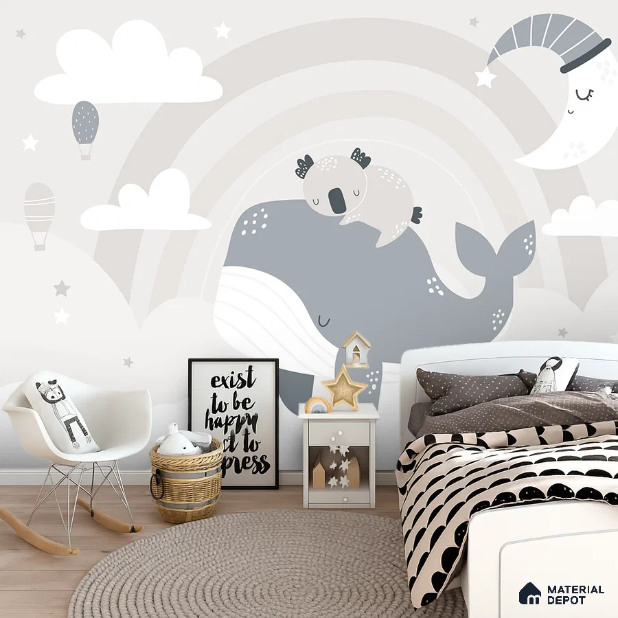 Scandinavian kids room with whimsical animal wallpaper and light wood flooring in Bengaluru