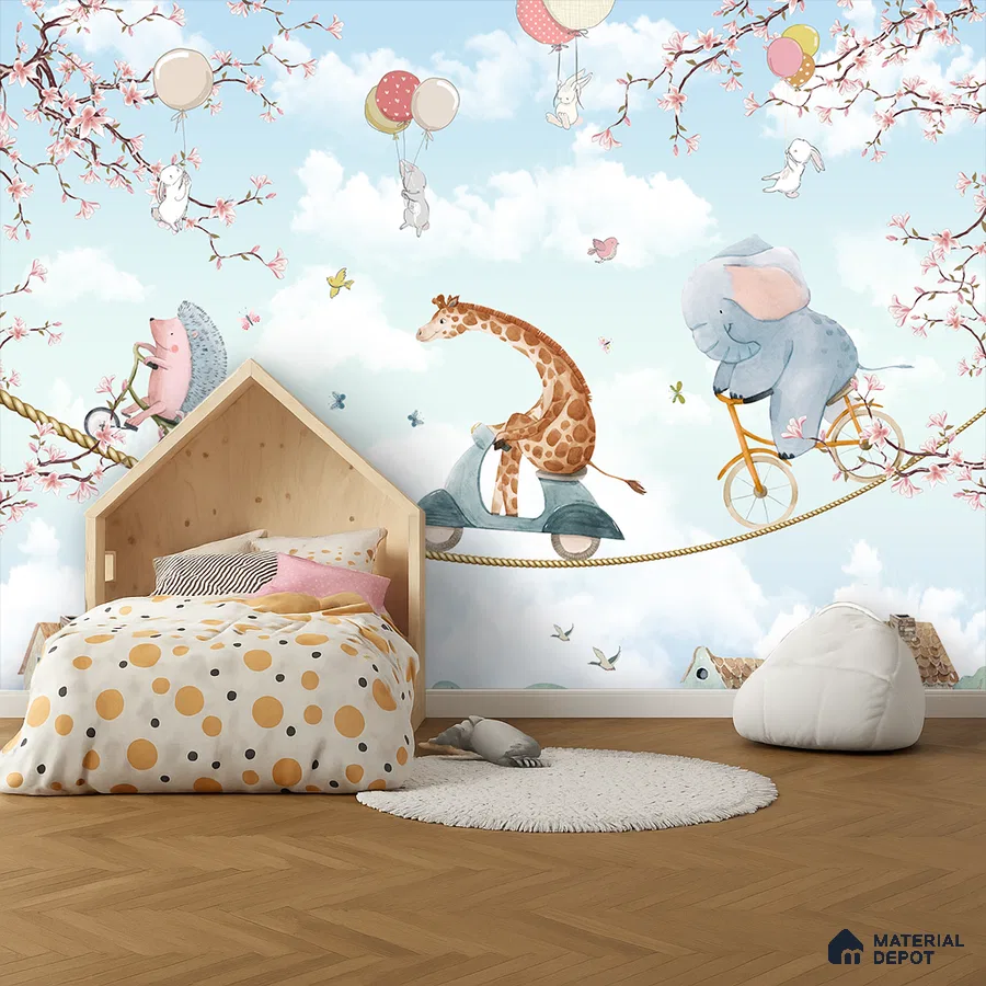 Scandinavian kids room with whimsical animal wallpaper and light wood flooring in Bengaluru