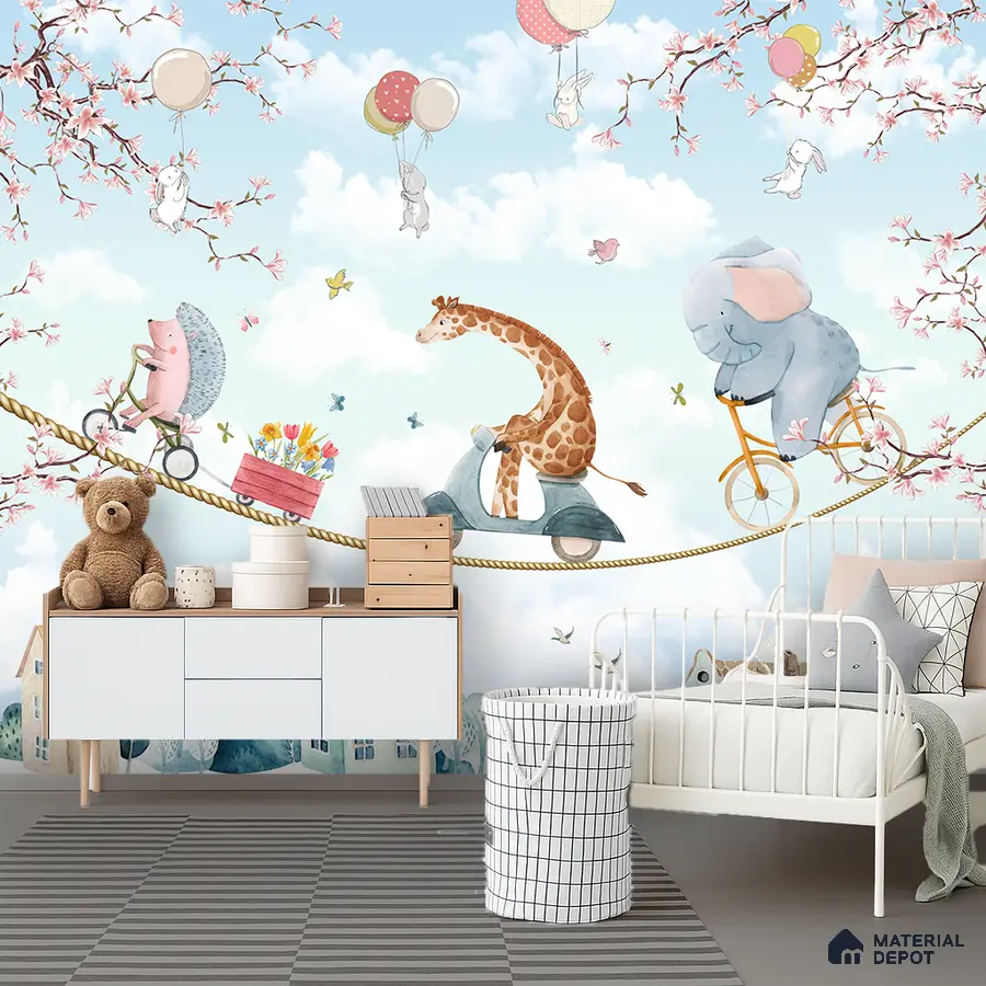Scandinavian kids room with whimsical animal wallpaper and white furniture in Bengaluru