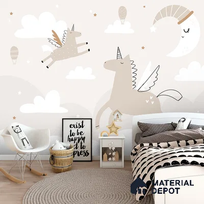 Scandinavian kids room with whimsical unicorn wallpaper and light wood flooring in Bengaluru