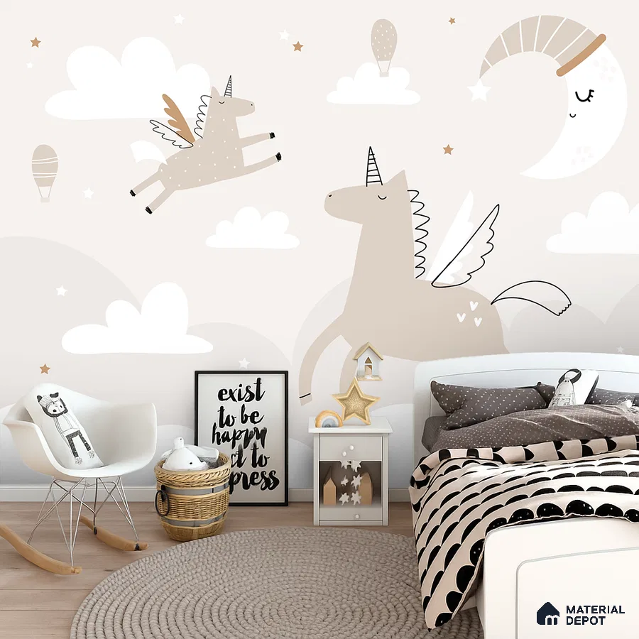 Scandinavian kids room with whimsical unicorn wallpaper and light wood flooring in Bengaluru