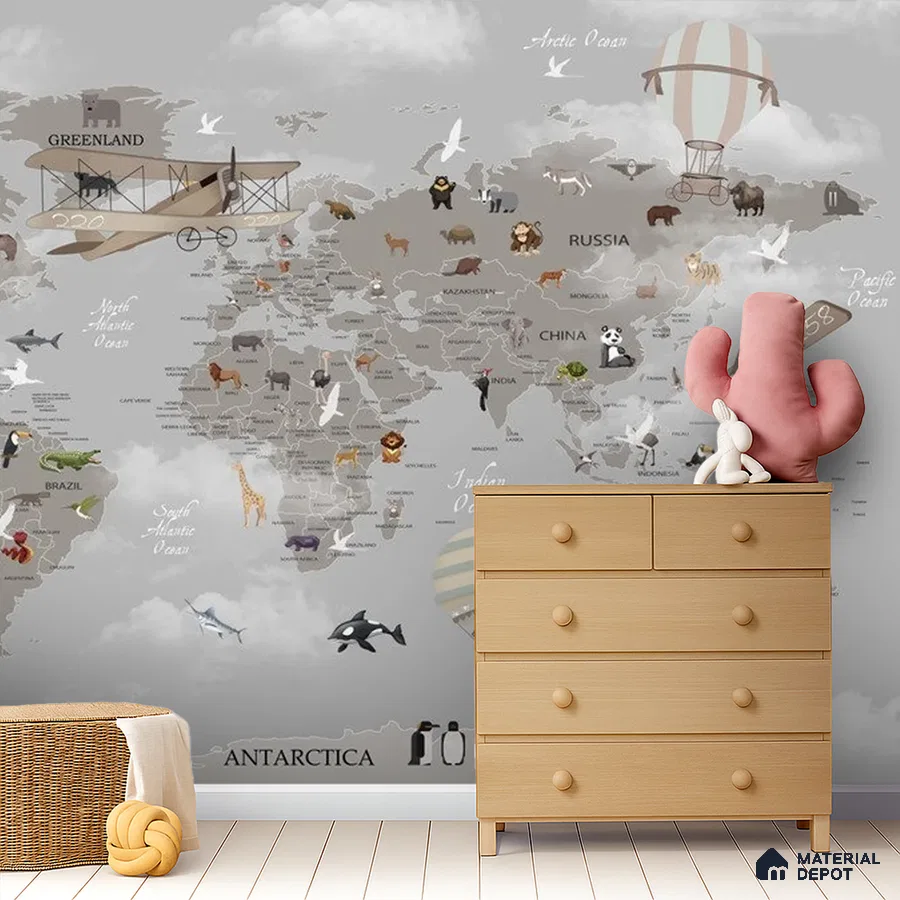 Scandinavian kids room with world map animal wallpaper and light wood chest of drawers in Bengaluru