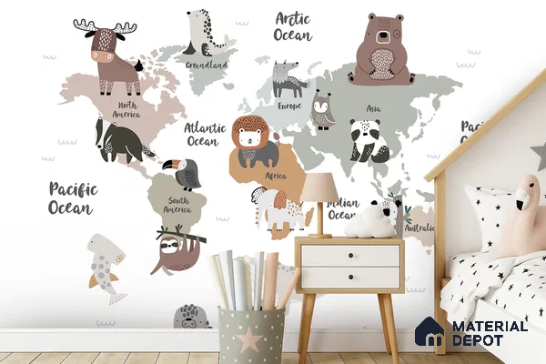 Scandinavian kids room with world map animal wallpaper and light wood flooring in Bengaluru