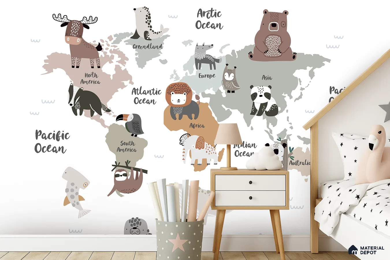 Scandinavian kids room with world map animal wallpaper and light wood flooring in Bengaluru