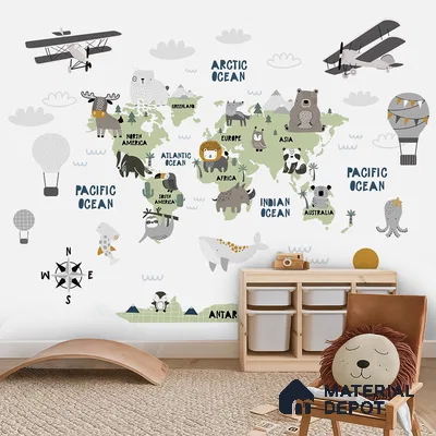 Scandinavian kids room with world map animal wallpaper and light wood storage in Bengaluru