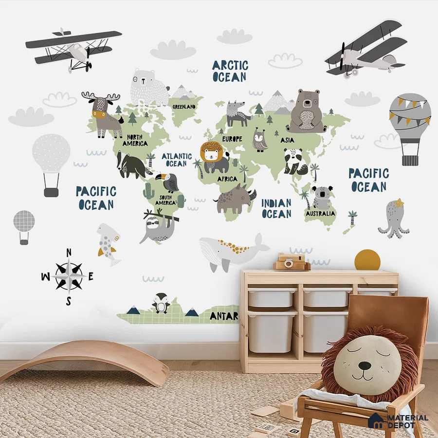 Scandinavian kids room with world map animal wallpaper and light wood storage in Bengaluru