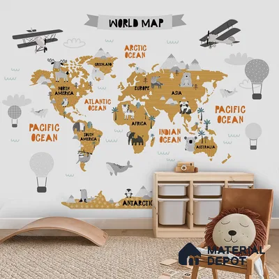 Scandinavian kids room with world map animal wallpaper and natural wood furniture in Bengaluru