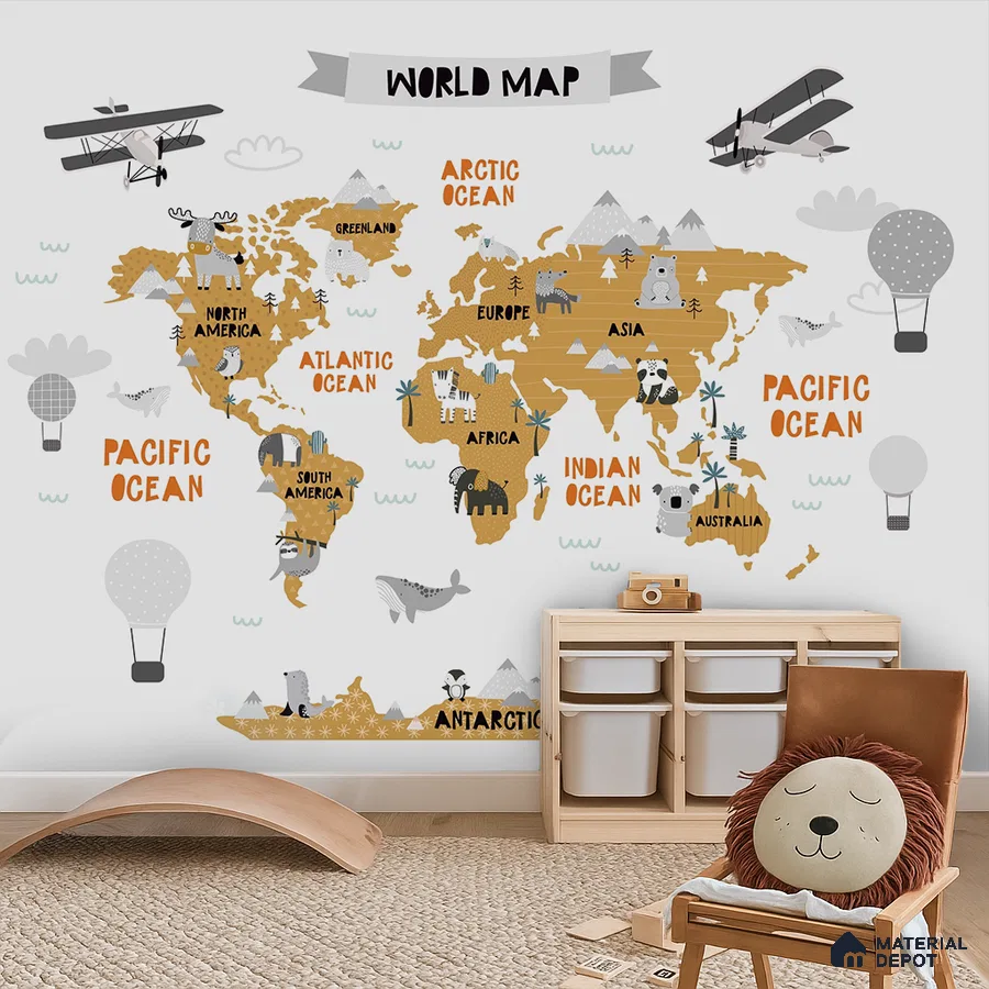 Scandinavian kids room with world map animal wallpaper and natural wood furniture in Bengaluru