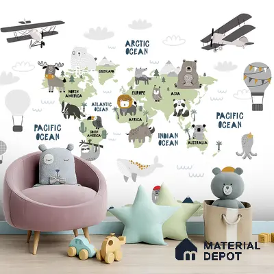 Scandinavian kids room with world map animal wallpaper and pastel decor in Bengaluru