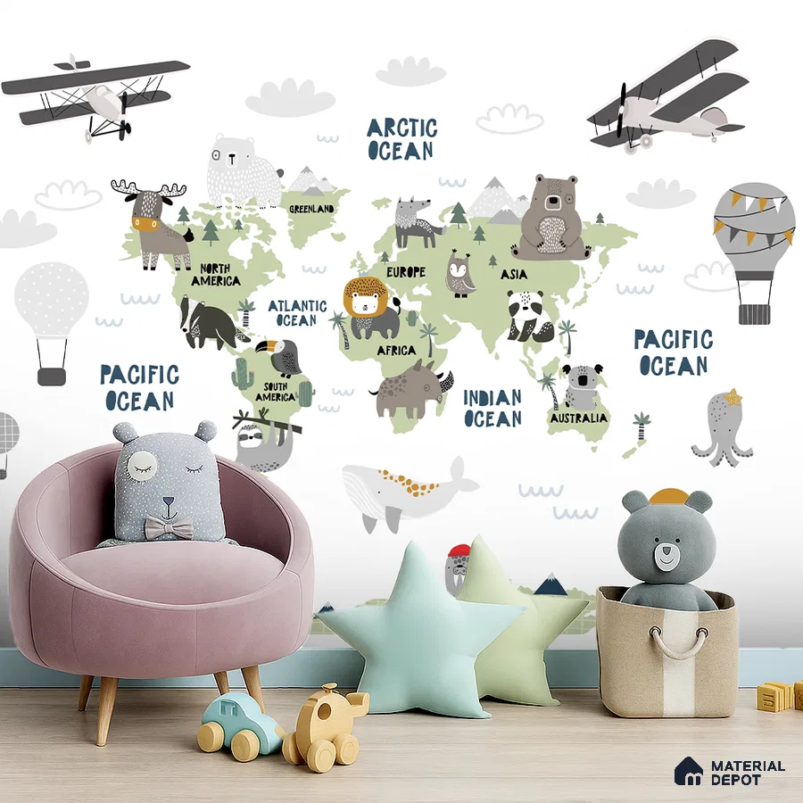Scandinavian kids room with world map animal wallpaper and pastel decor in Bengaluru