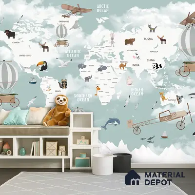Scandinavian kids room with world map animal wallpaper and white laminate storage in Bengaluru