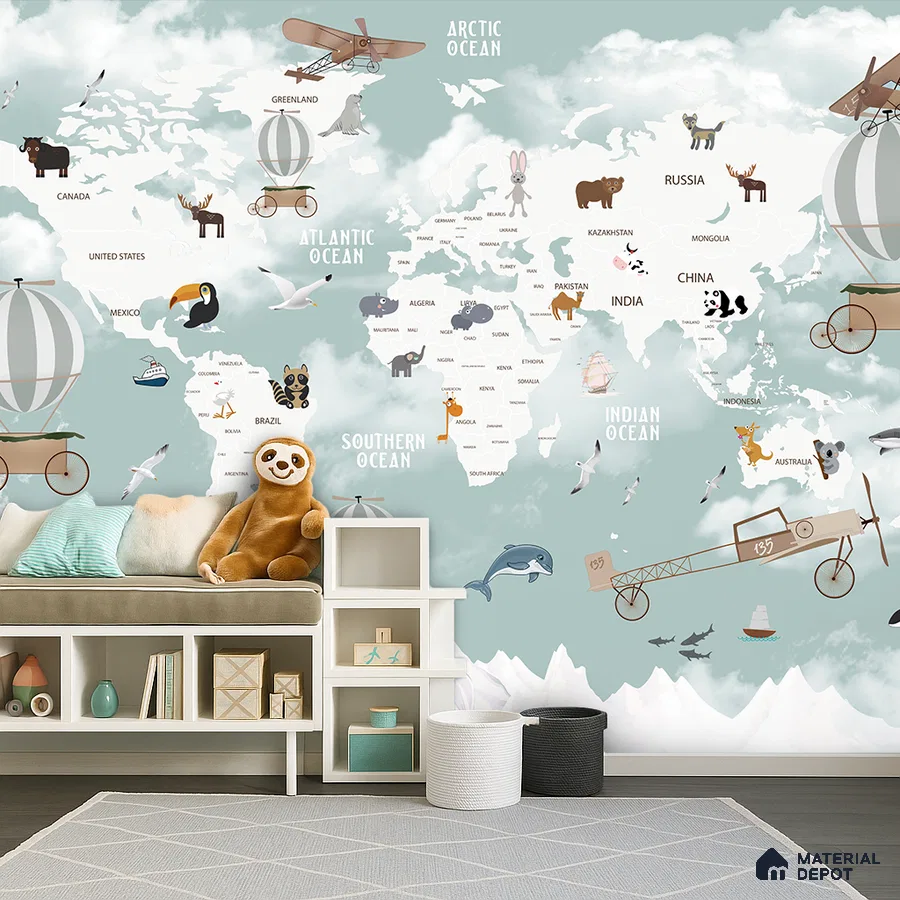 Scandinavian kids room with world map animal wallpaper and white laminate storage in Bengaluru