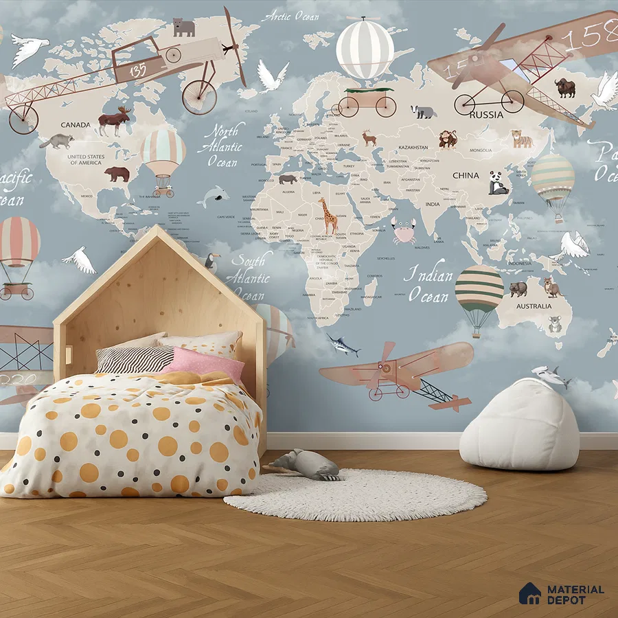 Scandinavian kids room with world map wallpaper and light wood flooring in Bengaluru