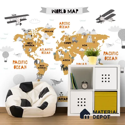 Scandinavian kids room with world map wallpaper and modular white storage unit in Bengaluru