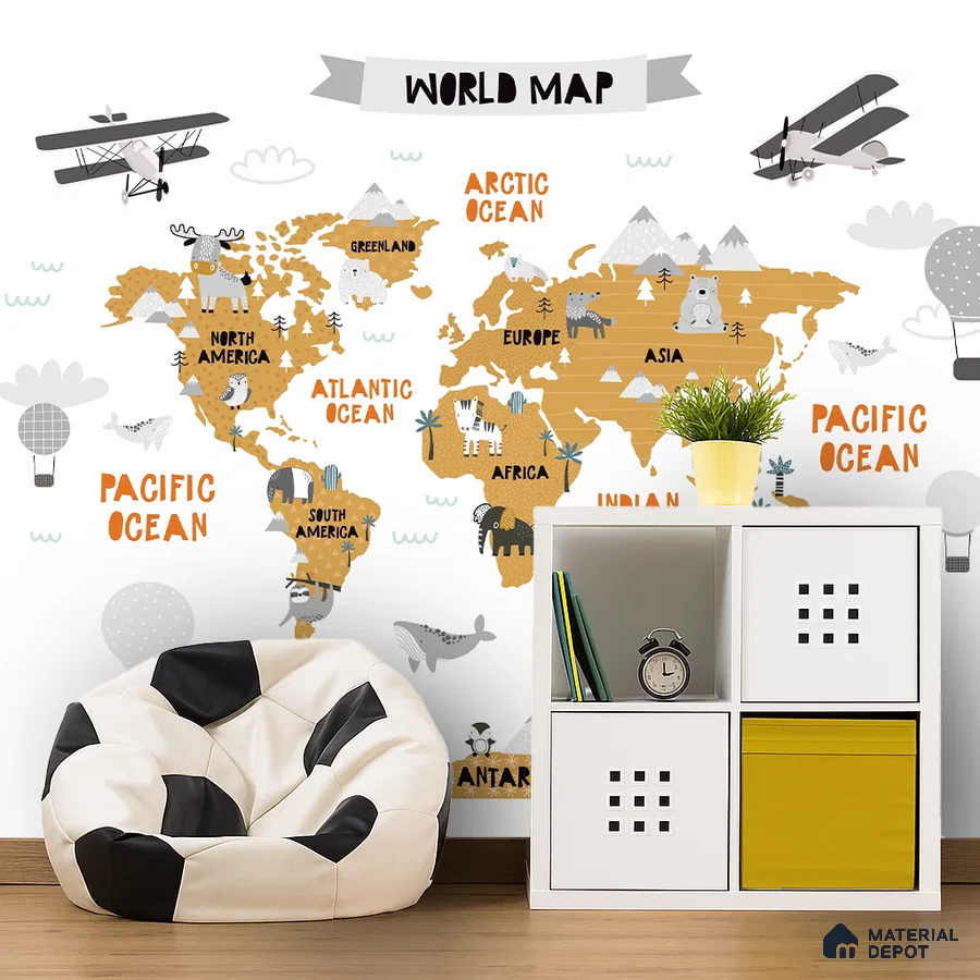 Scandinavian kids room with world map wallpaper and modular white storage unit in Bengaluru