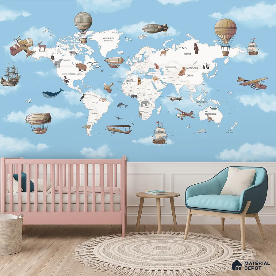 Scandinavian kids room with world map wallpaper, pastel pink crib, and light wood flooring in Bengaluru