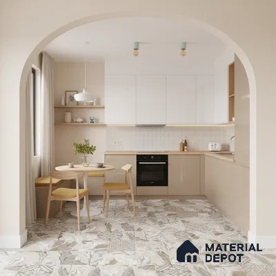 Scandinavian kitchen with beige and white laminate, patterned floor tiles, and wood accents in Bengaluru