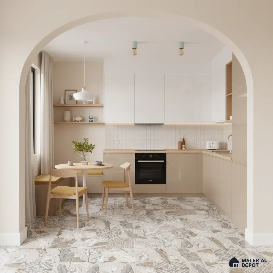 Scandinavian kitchen with beige and white laminate, patterned floor tiles, and wood accents in Bengaluru