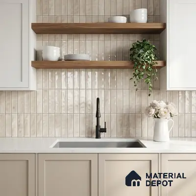 Scandinavian kitchen with beige kitkat wall tiles, white quartz countertop, and light wood open shelves