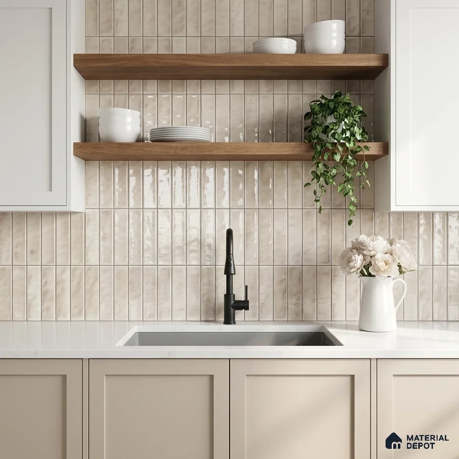 Scandinavian kitchen with beige kitkat wall tiles, white quartz countertop, and light wood open shelves