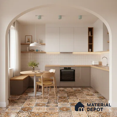 Scandinavian kitchen with beige laminate cabinets, white square tile backsplash, and patterned moroccan floor tiles in Bengaluru